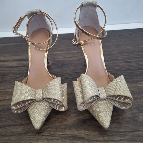 💙 INC Gold Bow Heels Size 5 Formal Preppy Festive - Picture 1 of 8